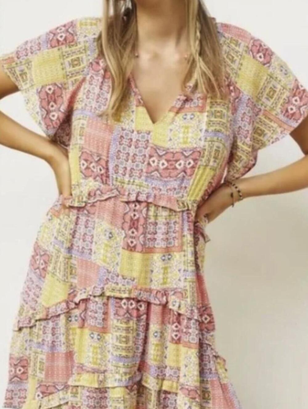Anthropologie Pink and Yellow Robin Tiered Patchwork Mini Dress - Size - Small